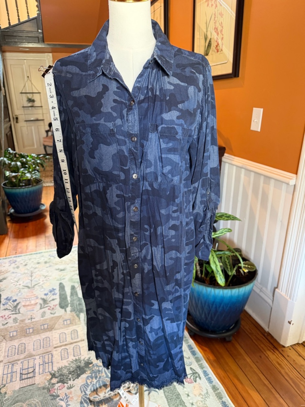 Cato Blue Camo Shirt Dress Tunic 14/16W Button Front Raw Hem Plus Size